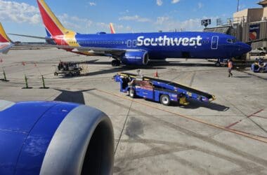 a blue airplane with a blue trailer on the ground