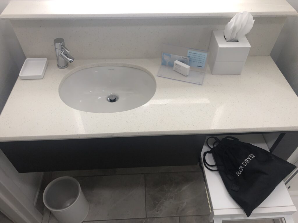 a sink with a bag on the counter