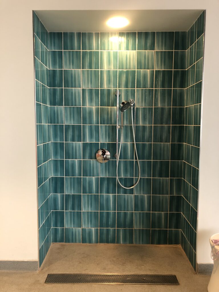 a shower with a hose and a shower head
