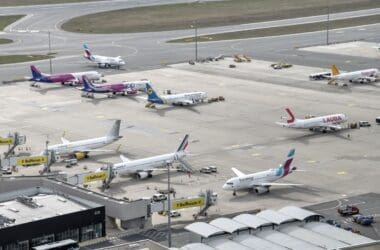 an airport with airplanes parked on the runway