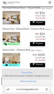 Screenshot of email with hotel otpions 