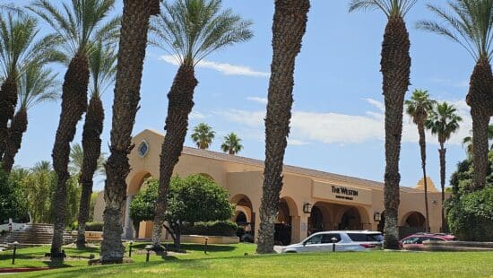 a building with palm trees and a parking lot