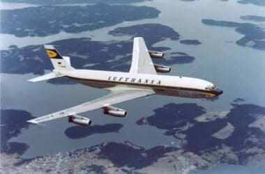 an airplane flying over water