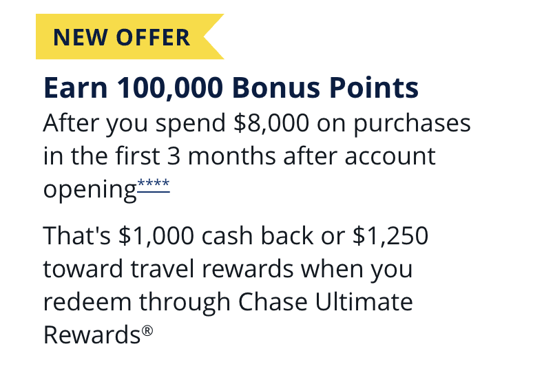 Still available: 100,000 Ultimate Rewards points with Chase Ink Preferred, just $8k spend