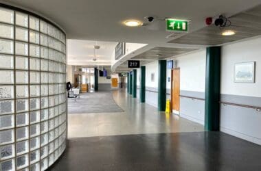 a hallway with glass blocks