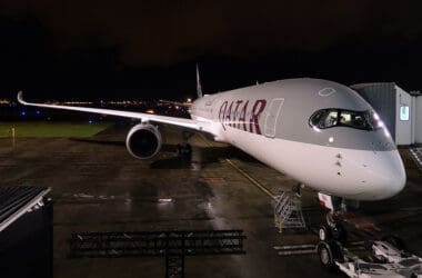 a plane on the tarmac at night