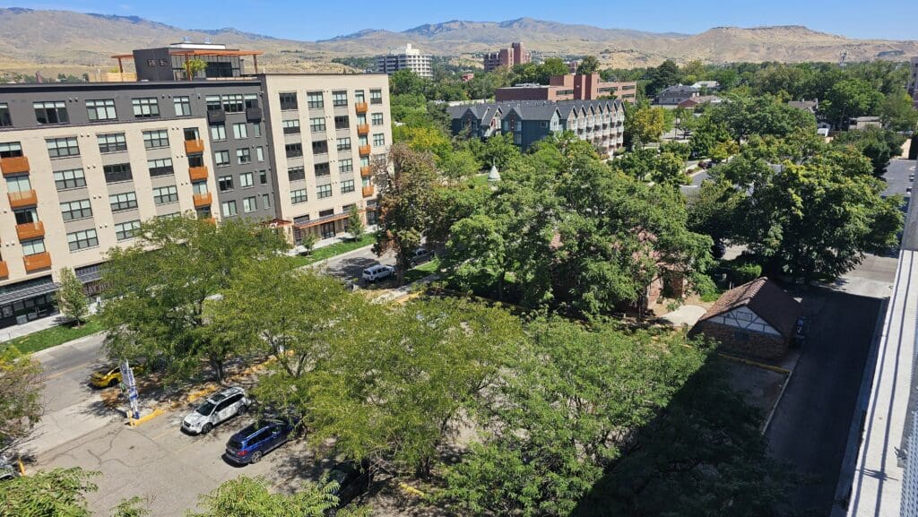 a city with trees and buildings