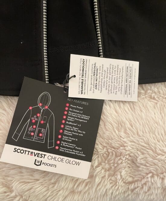 a black jacket with a tag on it