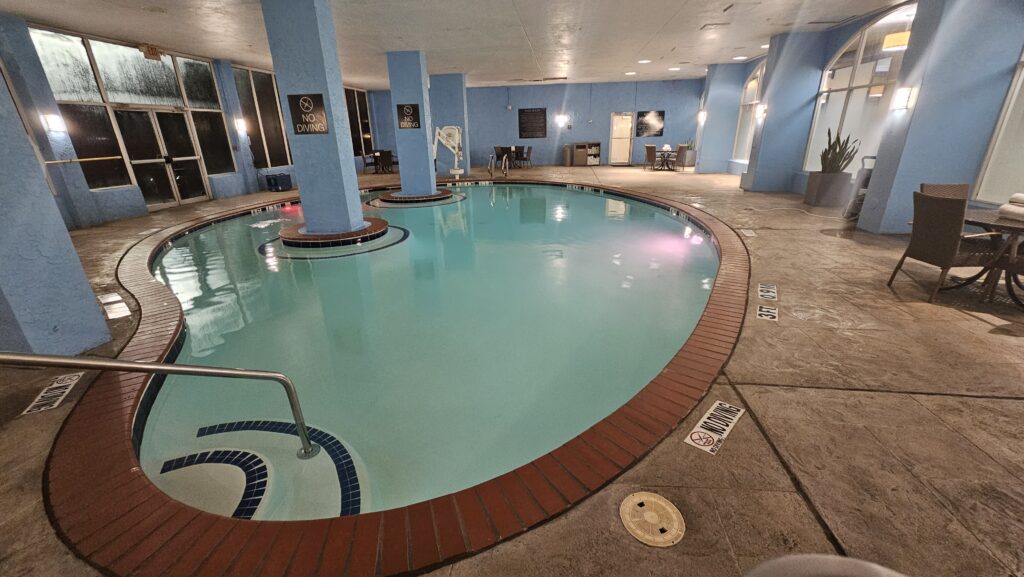 a swimming pool inside a building
