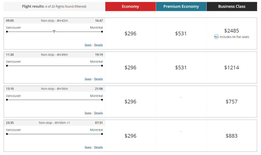 Pricing for Vancouver to Montreal