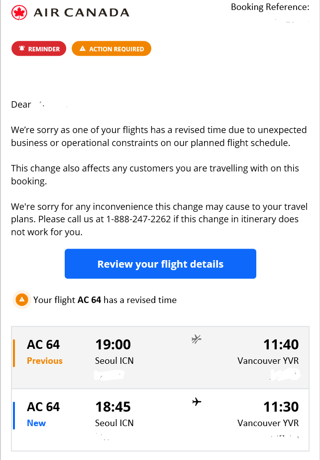 Older Air Canada schedule change email