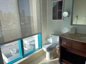 a bathroom with a window and a toilet
