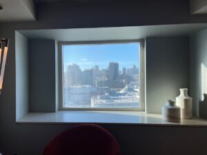 a window with a city view
