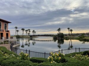 a body of water with a bridge and palm trees