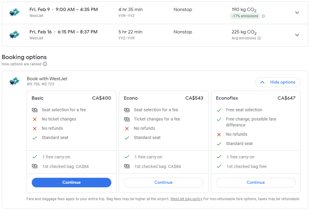 WestJet fare from Vancouver to Toronto