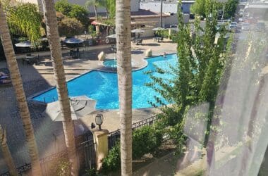 a pool with trees and a building in the background