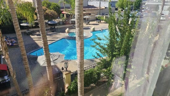 a pool with trees and a building in the background