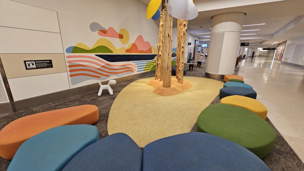 a group of colorful seats in a room