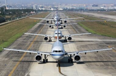 a row of airplanes on a runway