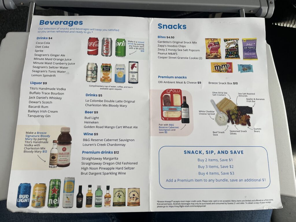 a menu of beverages and snacks