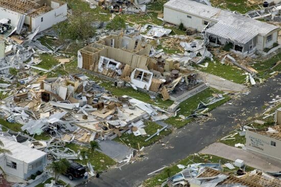 a destroyed house and a road