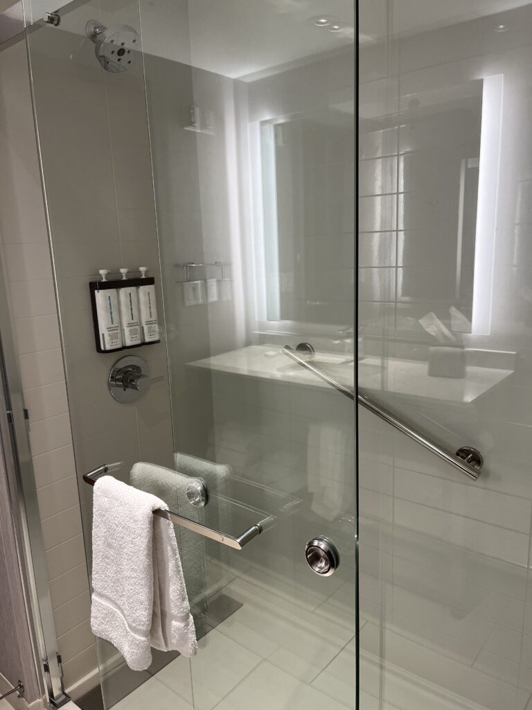 a glass shower with a towel on a bar