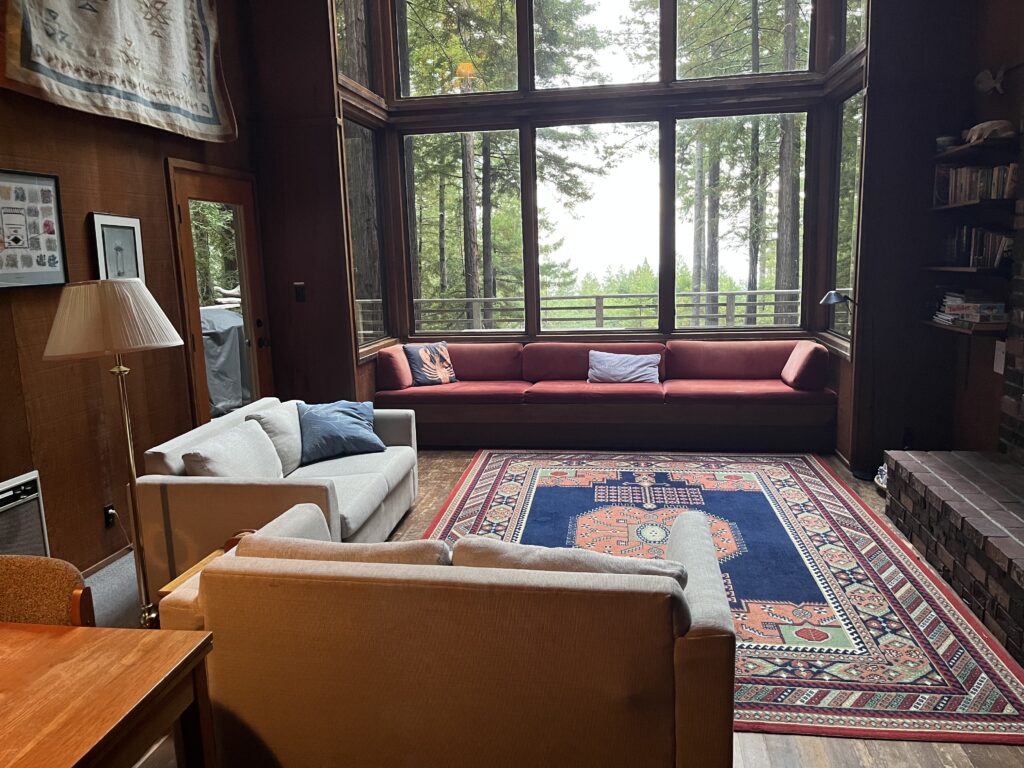 a room with a large window and couches