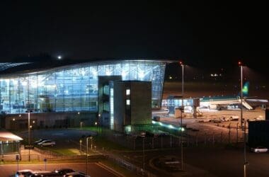 a building with lights at night