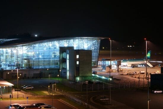 a building with lights at night