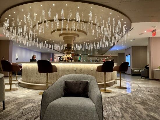 a large chandelier in a hotel lobby