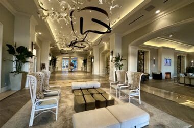 Park Hyatt Aviara lobby with chairs and a chandelier