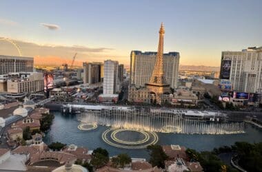 a city with a fountain and a tower