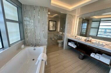 a bathroom with a bathtub and sink