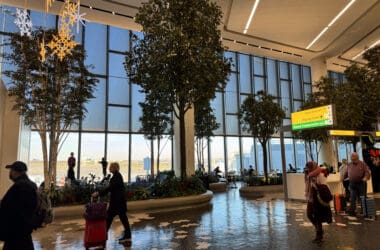 people walking in a large room with trees and plants