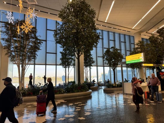 people walking in a large room with trees and plants