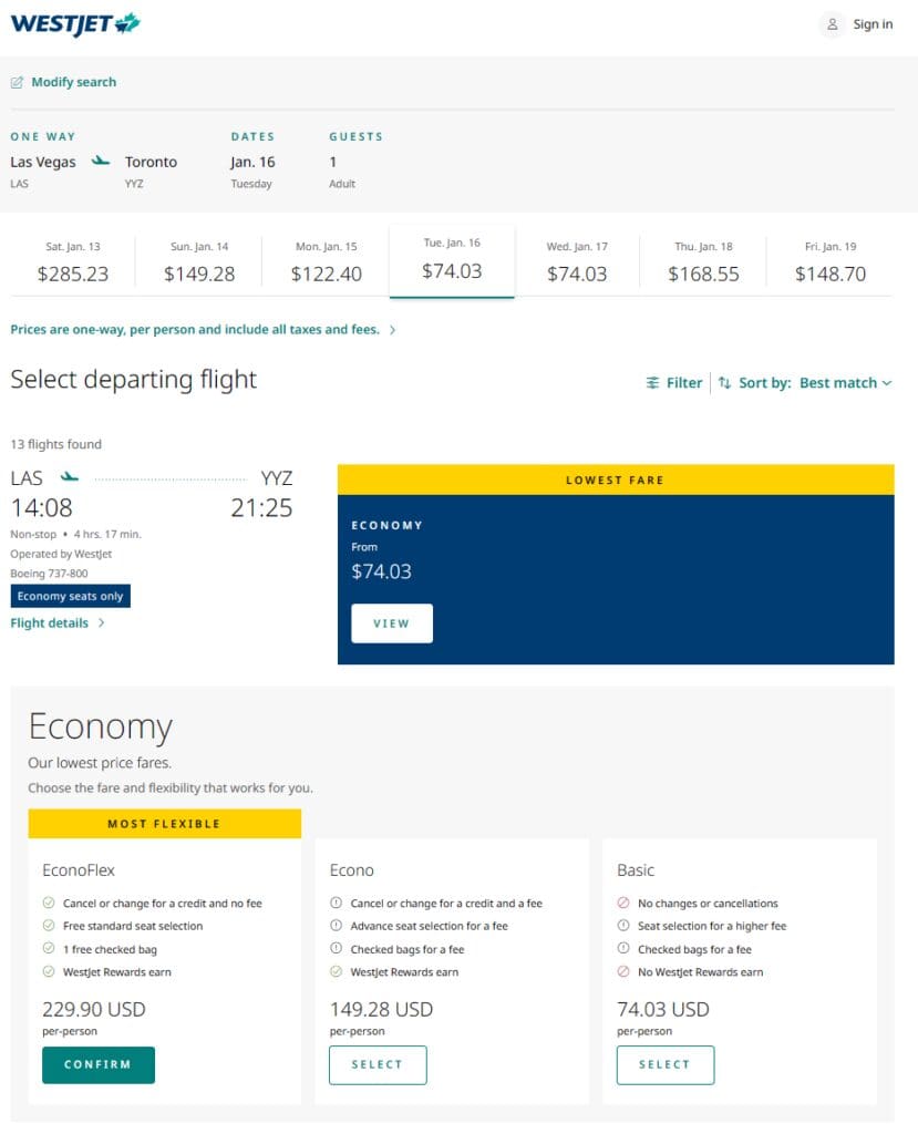 WestJet USD Website Price