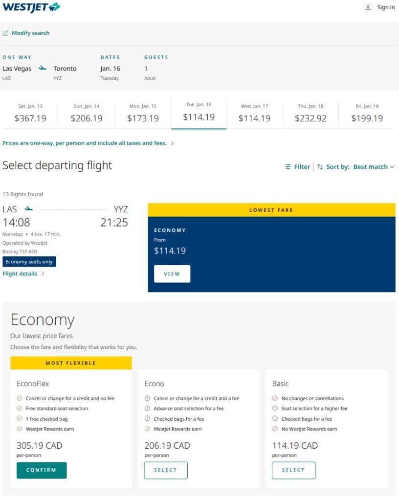 WestJet US Dollar and WestJet Canadian Dollar Website Difference