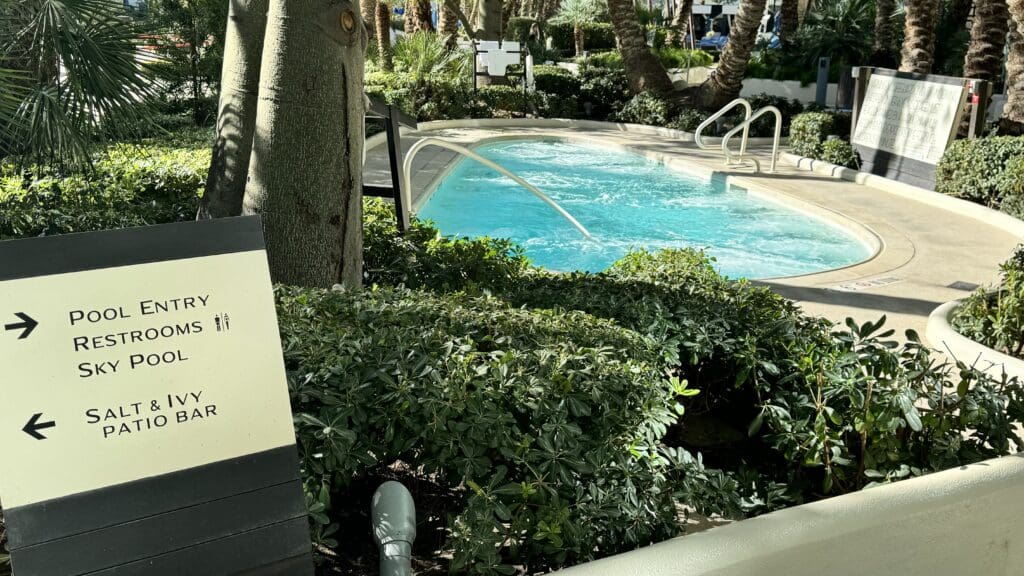 a pool with trees and bushes