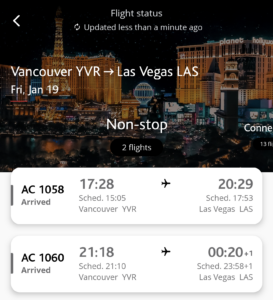 Flight status of the two departures from Vancouver to Las Vegas. The client ultimately took a flight that departed 4 hours later from his originally scheduled flight departure.