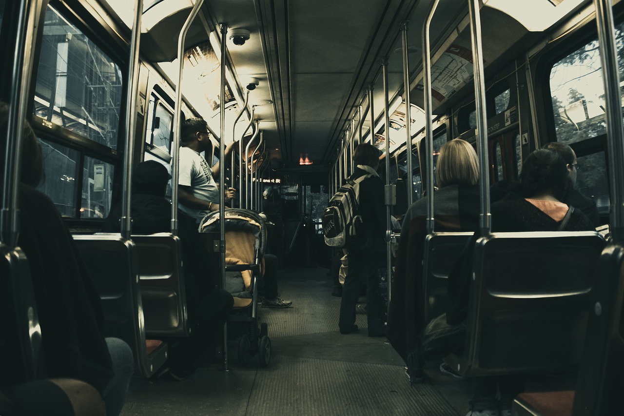 a group of people on a bus