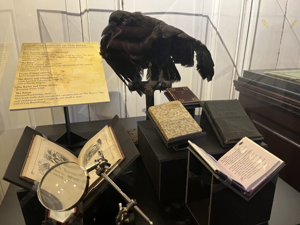 a bird on a stand with books and a magnifying glass