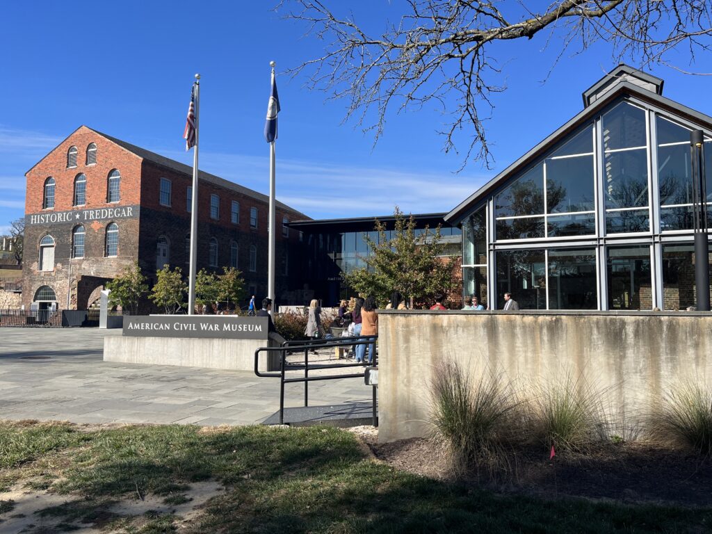 a building with flags in front of it