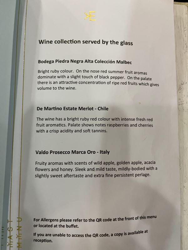 a menu of a wine collection