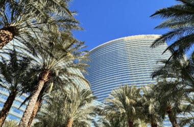 a tall building with palm trees