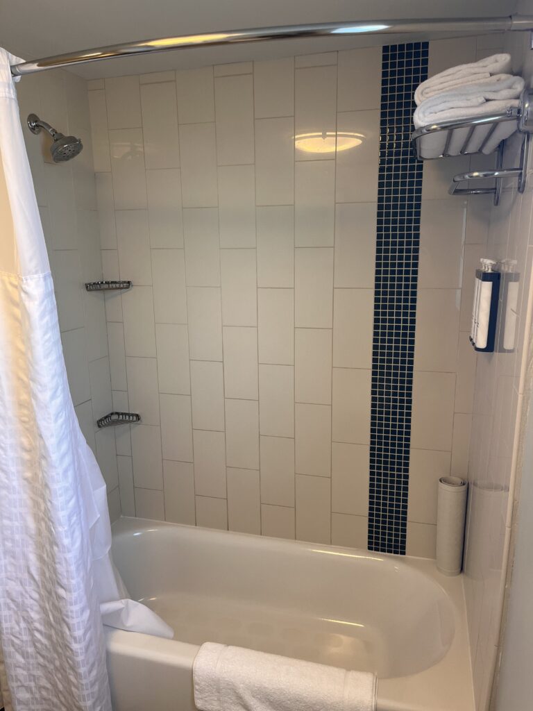 a shower with a white bathtub and towels