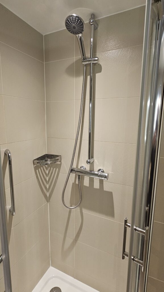 a shower with a shower head and a hand shower