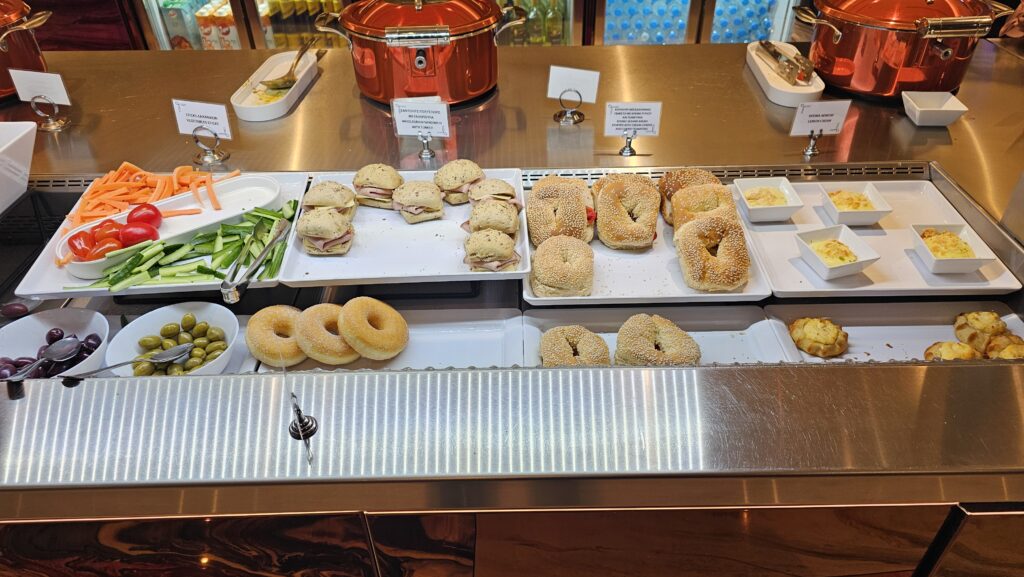 a trays of food on a counter