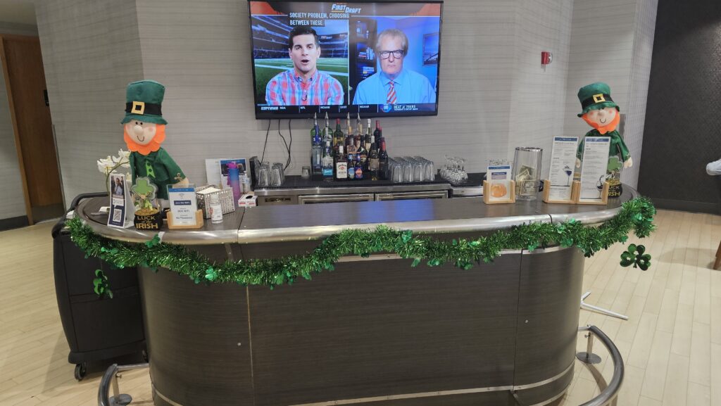 a bar with a tv and a green garland