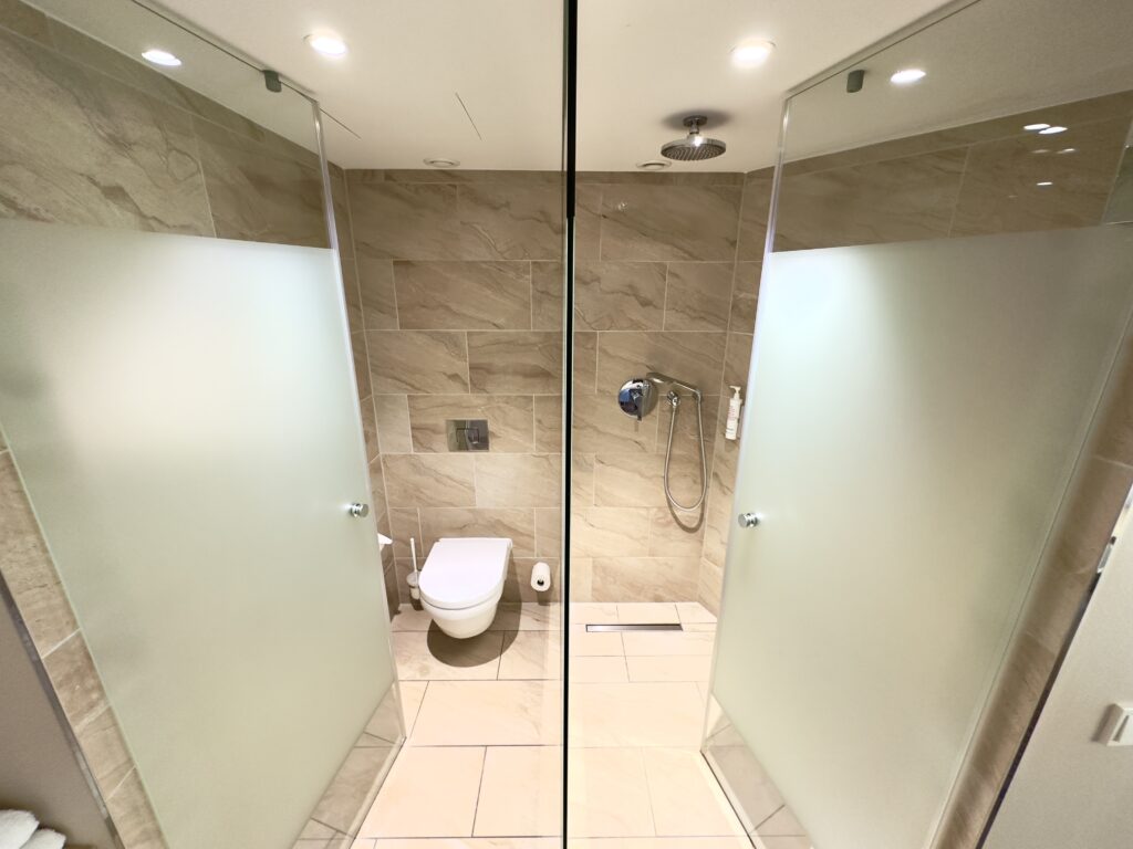 A bathroom in a hotel room showing a toilet at left and shower at right.