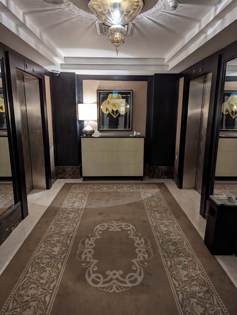 a hallway with mirrors and a rug